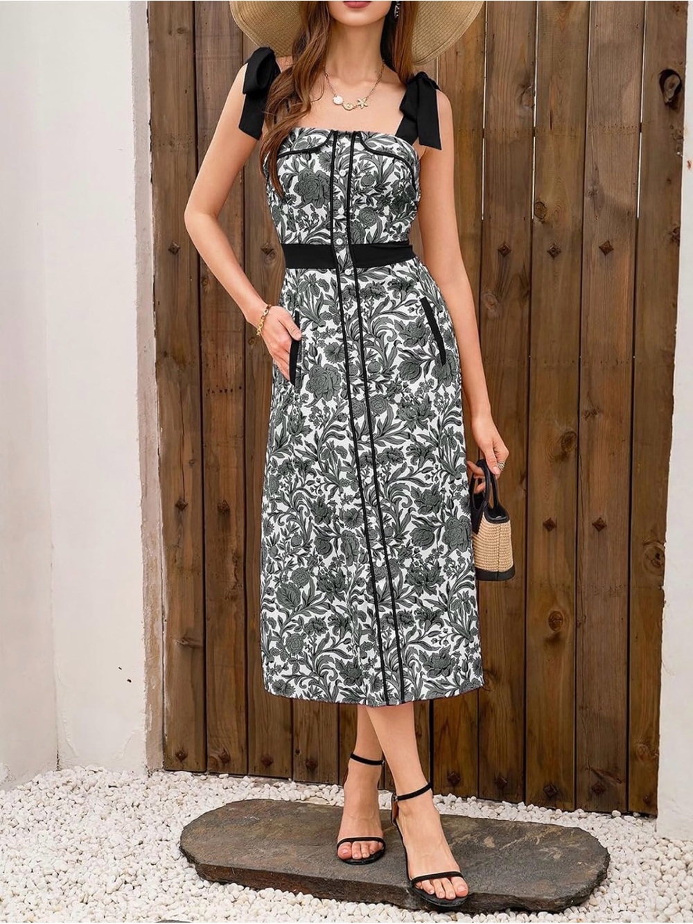 Floral Tie-Shoulder Midi Dress in Black and White